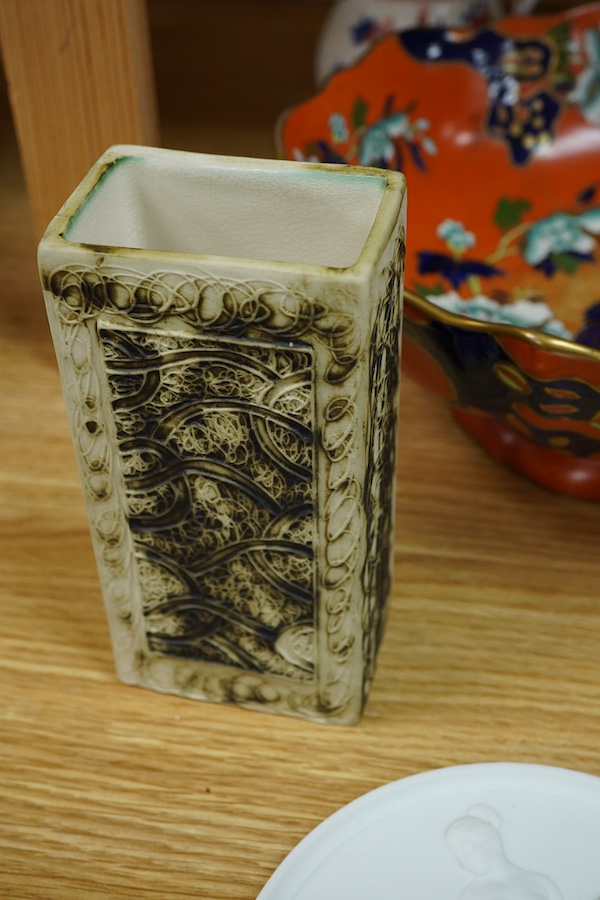 A group of mixed ceramics to include a Mason’s ironstone bowl, Davenport white stoneware mug, Wedgwood black basalt jug etc.